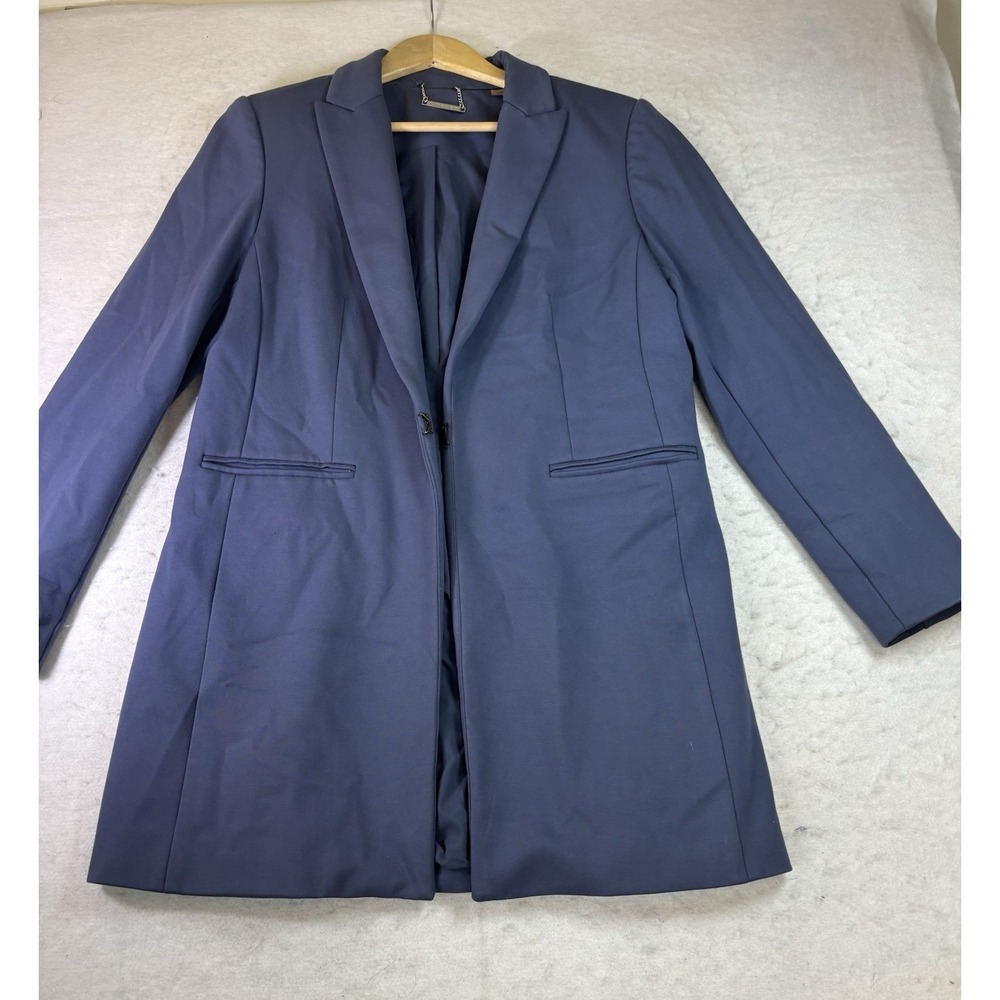 Tahari Slate Blue Women's Sz 10 Long Blazer Suit Coat Jacket Lined Single Clasp